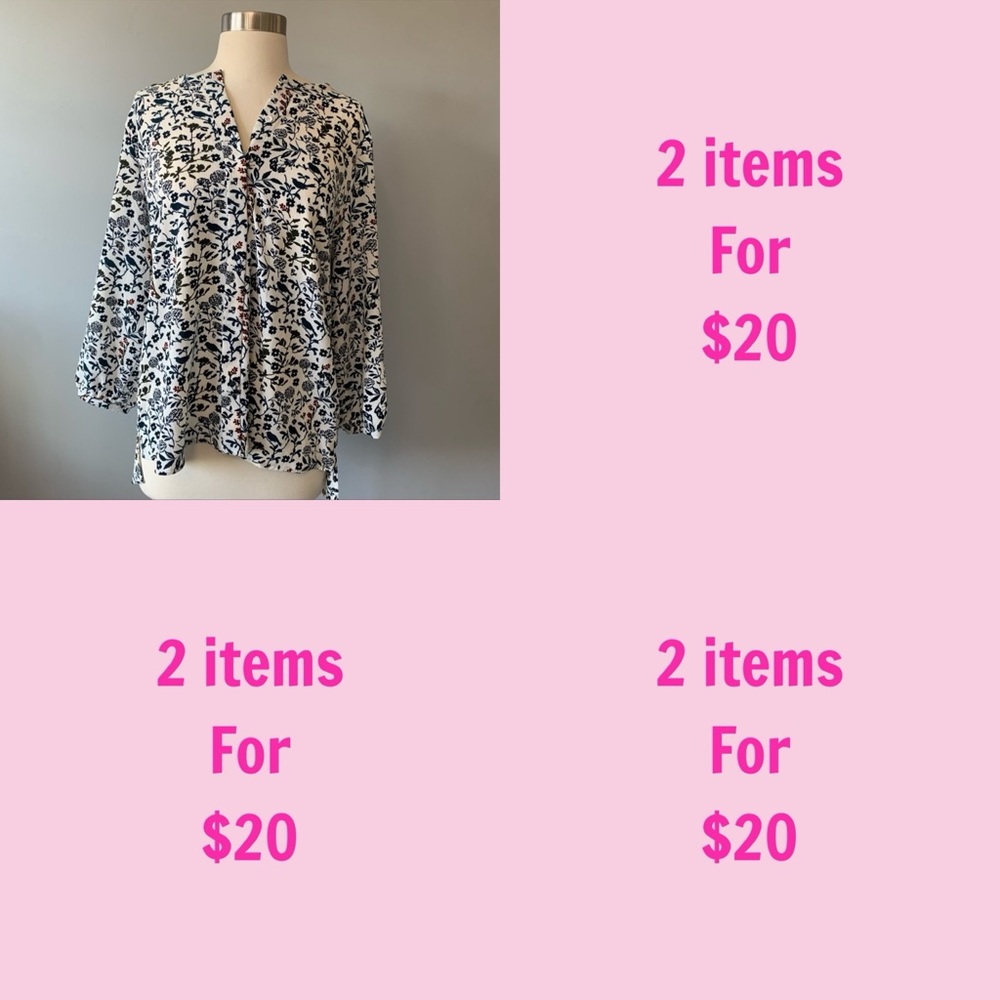 3/$30 C&E Womens White Floral Print Quarter Sleeve Split Neck Blouse Top Size XL